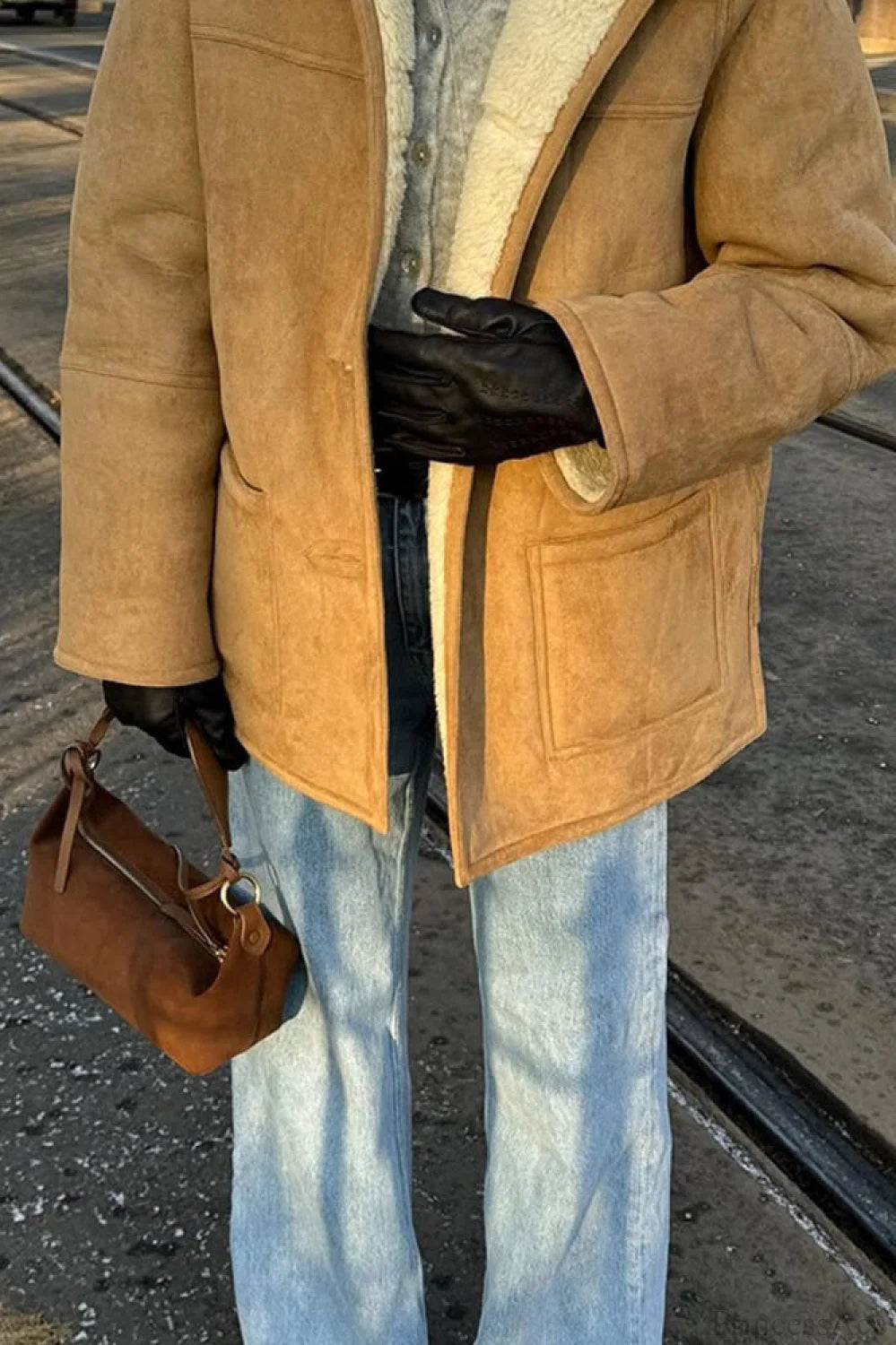 Suede Sherpa-lined Wide Lapel Coat