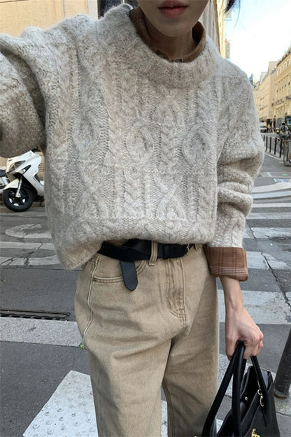 Thick Yarn Cable Loose Crew Neck Sweater