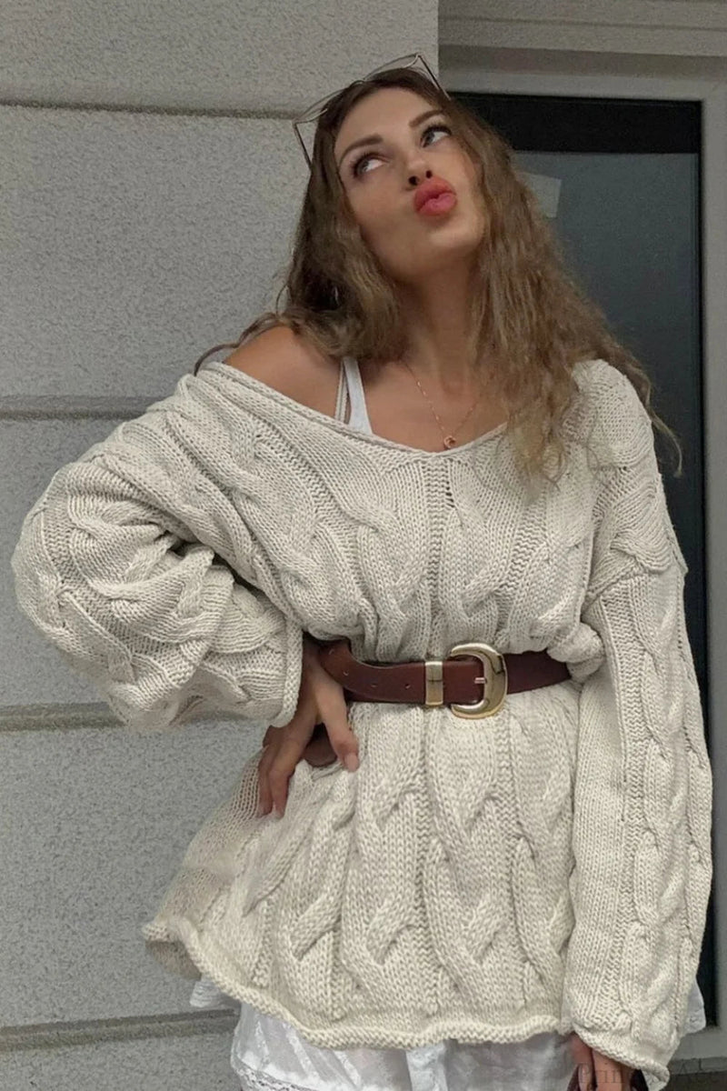 V-neck Loose Mid-length Cable Knit Long Sleeve Sweater