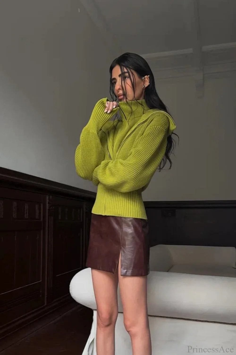 Vintagetwo-in-one Wide Lapel Zipper Sweater