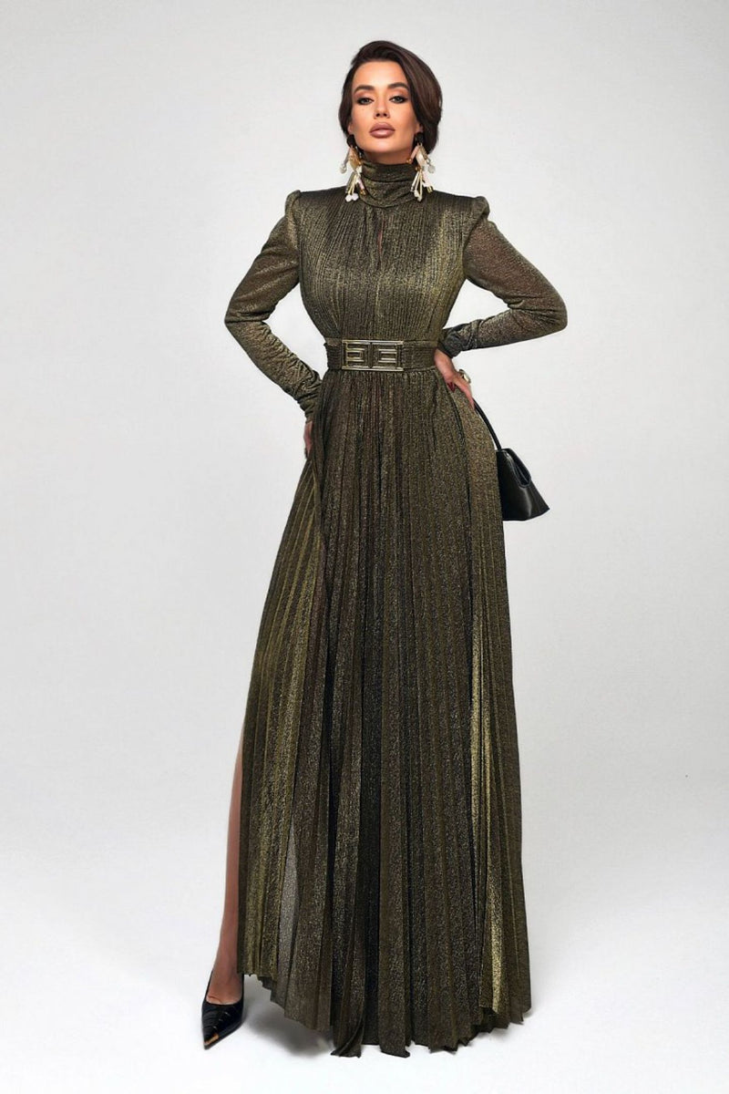 Elsie Metallic Pleated Belted Maxi Dress