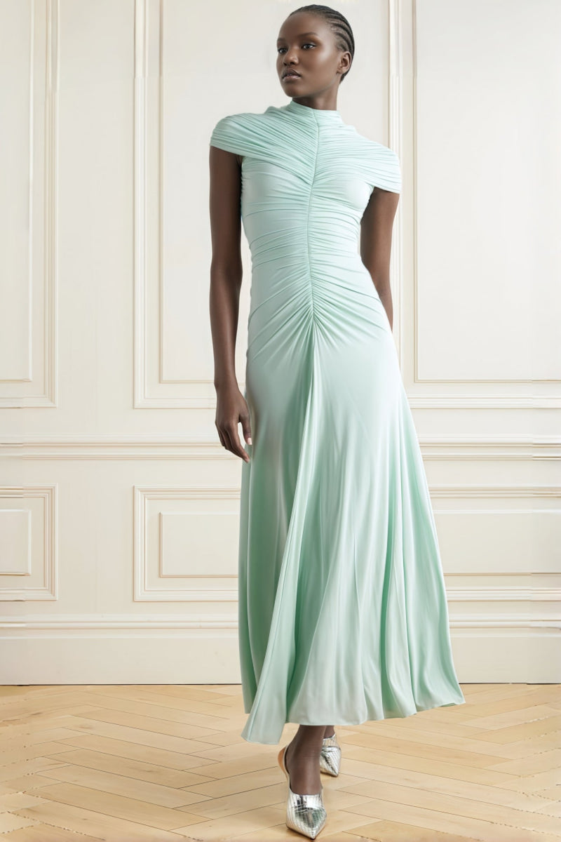 Gini Fitted Half-high Neck Pleated Maxi Dress