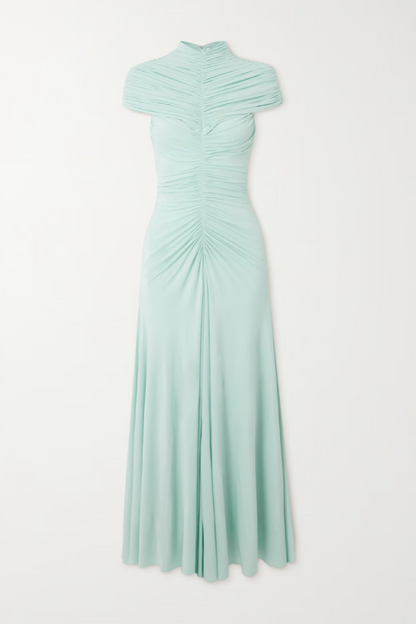 Gini Fitted Half-high Neck Pleated Maxi Dress