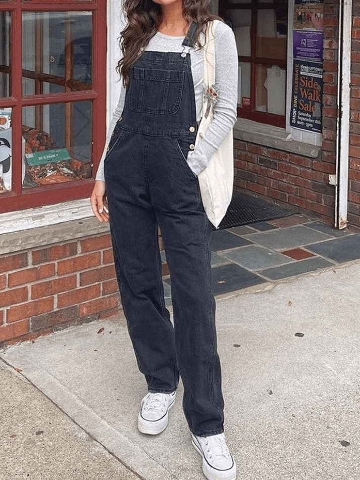 Black Washed Straight Leg Denim Overall