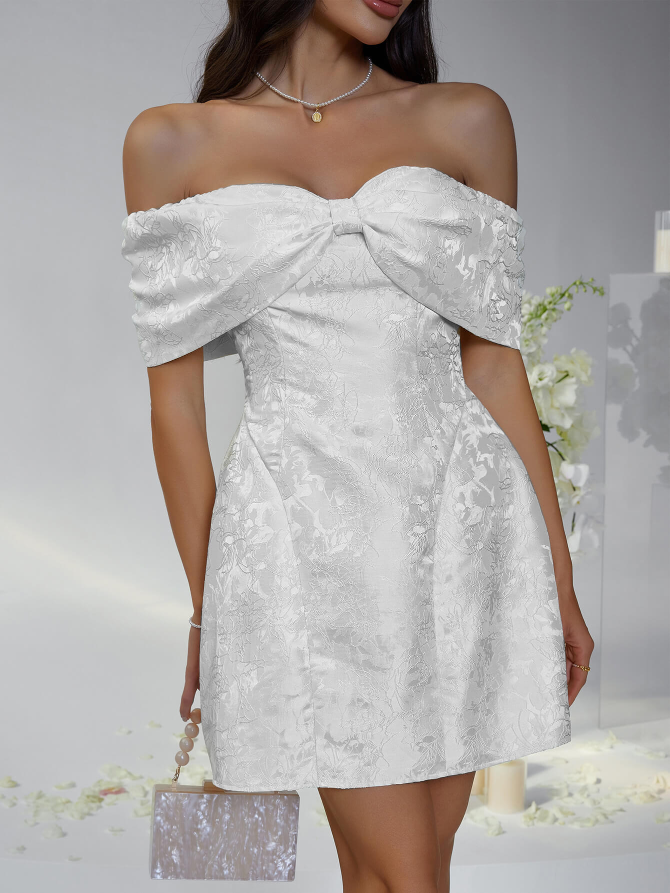 Whispering Bow Off the Shoulder Mini Dress