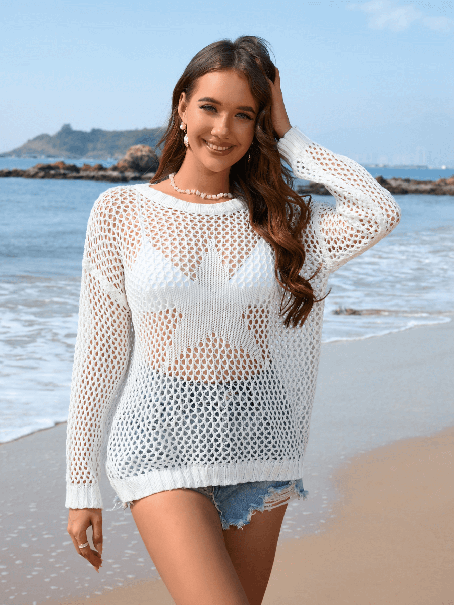Vacation Star Cover-up Crochet Knit Sweater - White