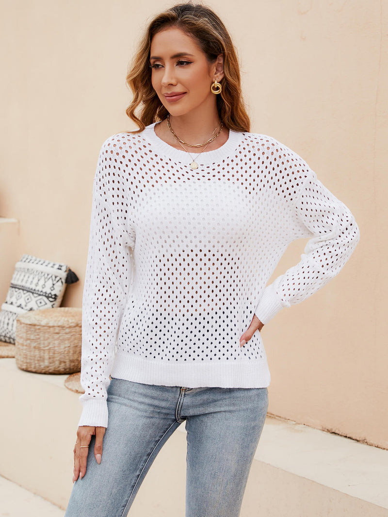 Izzy Crochet Knit Pullover Sweater - White
