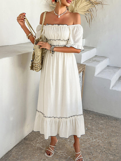 Aubrianna Ruched Contrast Trim Maxi Dress - White