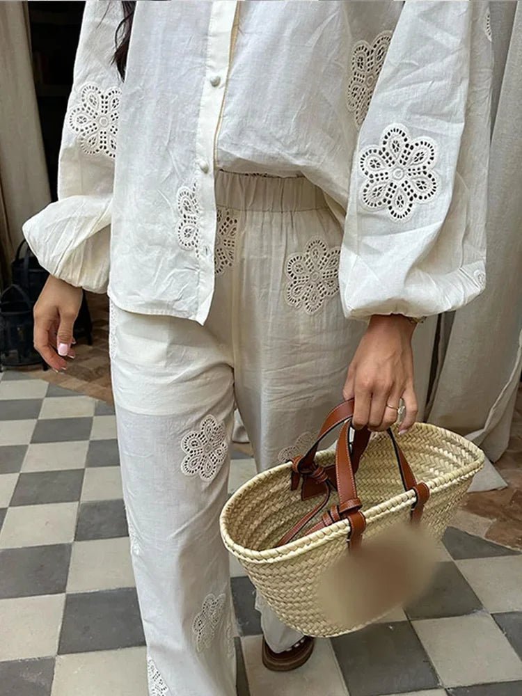 White Flower Print Hollow Out Pants 2 Piece Sets | Long Sleeve Lapel Button Shirt Suits | Loose