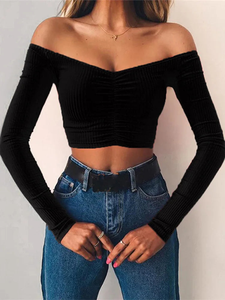 T-shirts and Club Female T-shirt Long Sleeve Off Shoulder Color Lady Tshirt Autumn Basic Tees