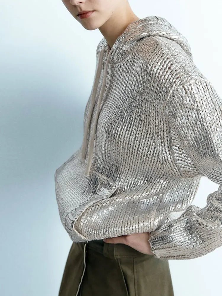 Metallic Rib Trim Foil Hooded Sweater