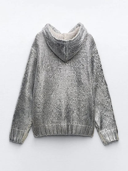 Metallic Rib Trim Foil Hooded Sweater