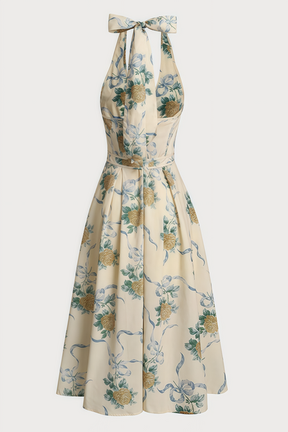 Mabel Print Deep V Neck Midi Dress