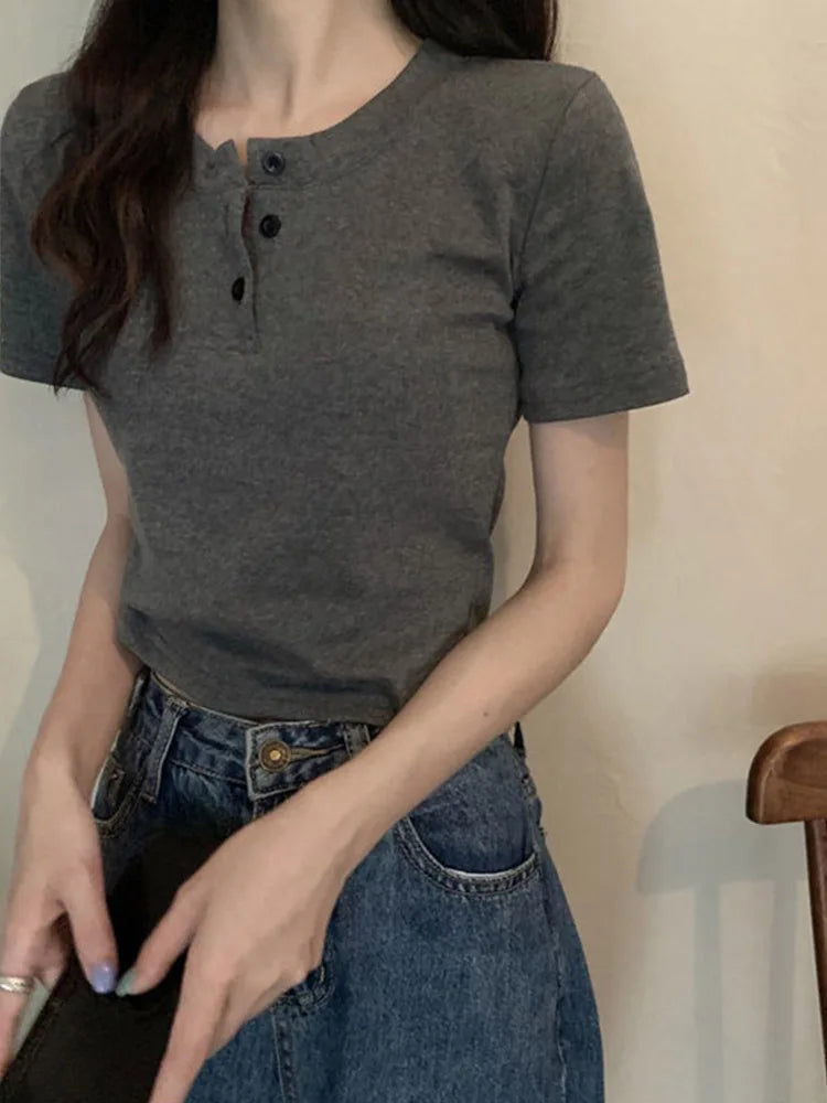 T-shirt Open Button Short Sleeve Crop Top Clothing Basic T Shirt Skinny White Slim Female Tops