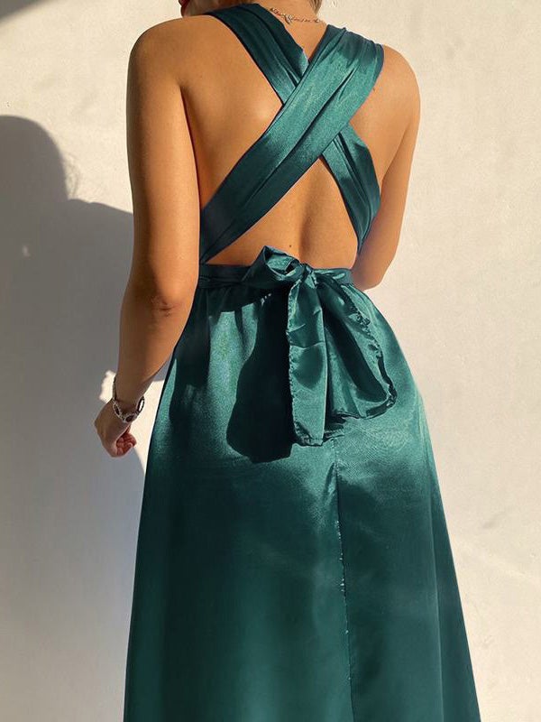 Plain Belted V-neck Bare Back Dress