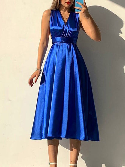 Plain Belted V-neck Bare Back Dress