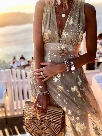 V-neck Print Hot Stamping Maxi Dress