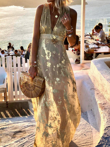 V-neck Print Hot Stamping Maxi Dress