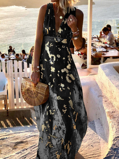 V-neck Print Hot Stamping Maxi Dress