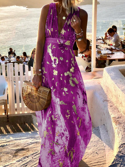 V-neck Print Hot Stamping Maxi Dress