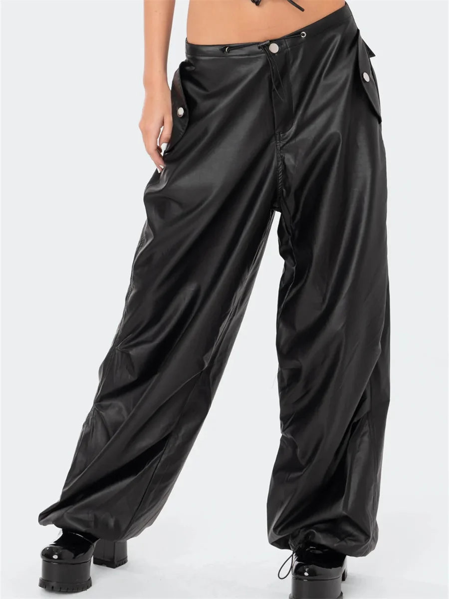 Black Pu Leather Cargo Baggy Low Waist Drawstring Button Long Pants