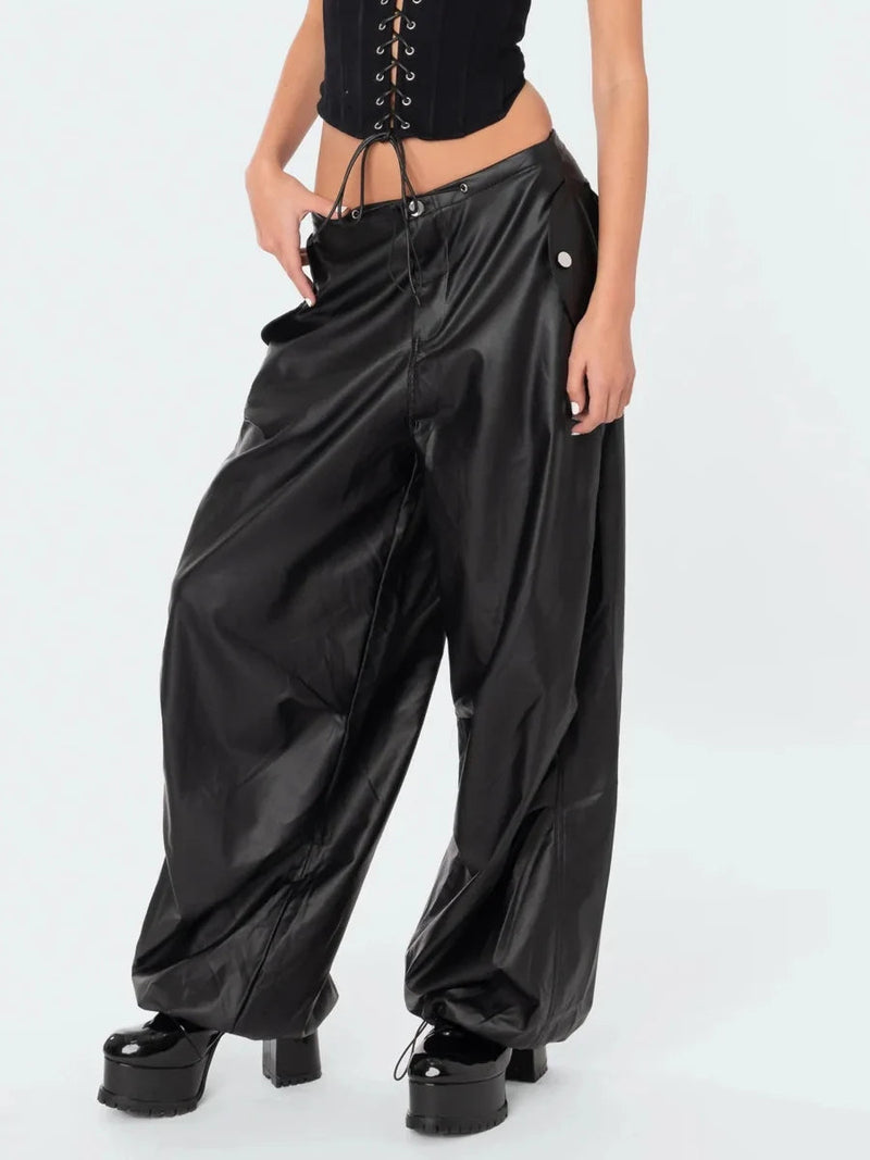 Black Pu Leather Cargo Baggy Low Waist Drawstring Button Long Pants