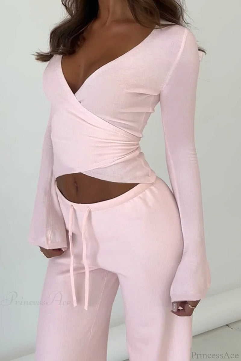 Y2k V-neck Fitted Top Pants Two Piece Set