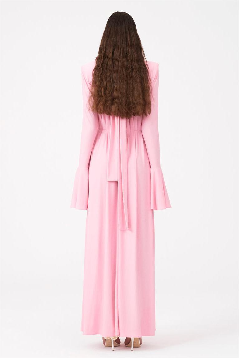 Yedda Flower Trimmed V-neckline Pleated Slit Maxi Dress