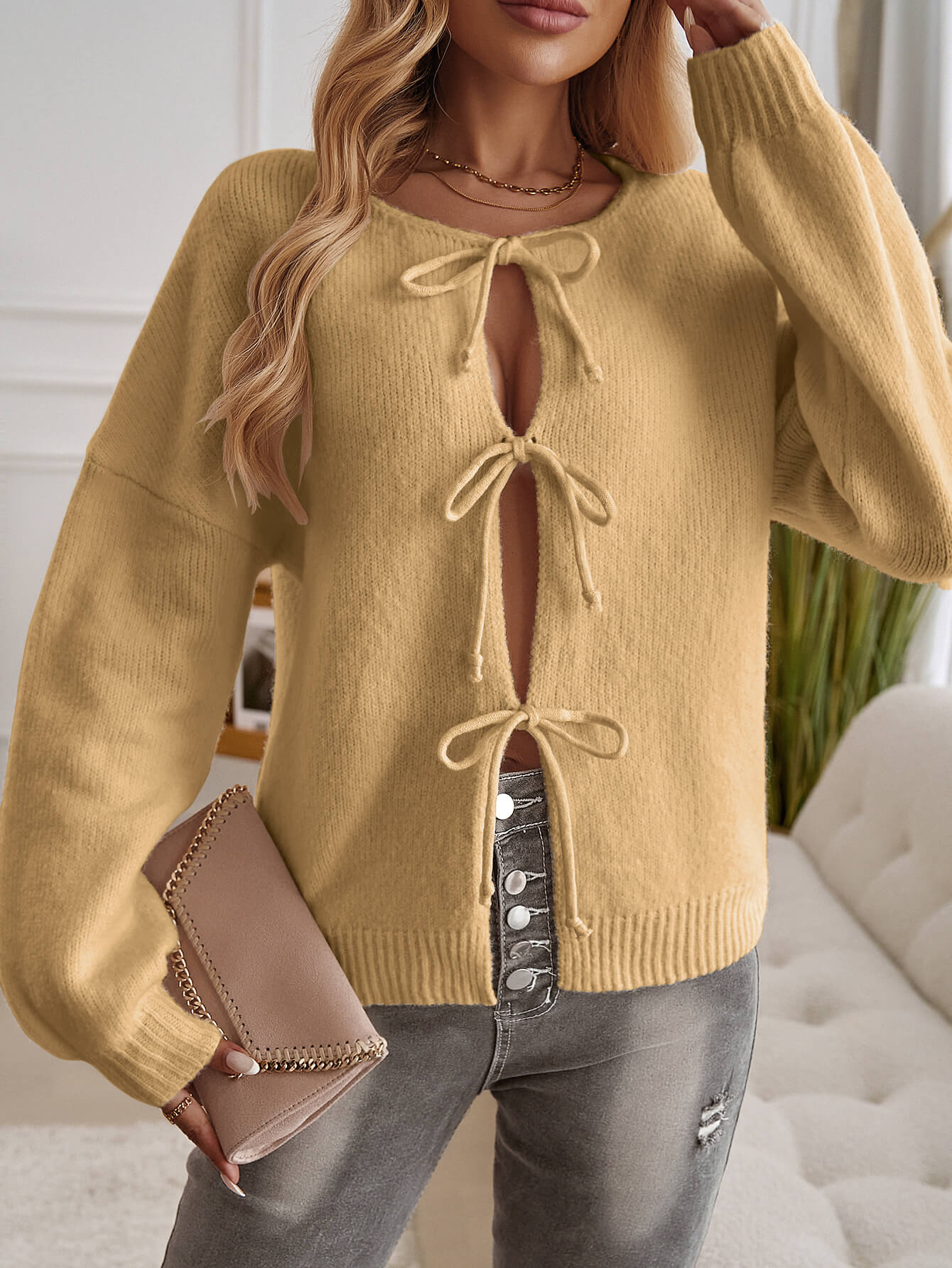 Shes the Bow Detail Sweater Cardigan - Yellow