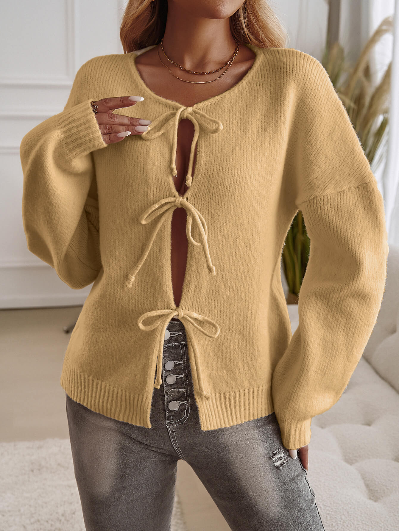 Shes the Bow Detail Sweater Cardigan - Yellow