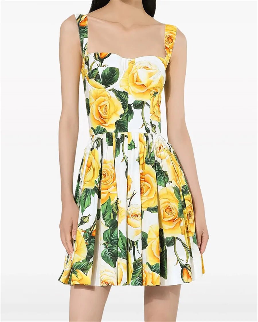 Yellow Rose Print Mini Dress