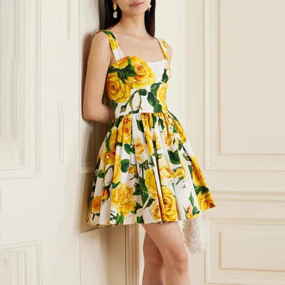 Yellow Rose Print Mini Dress