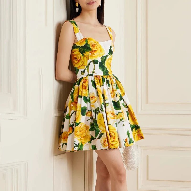 Yellow Rose Print Mini Dress