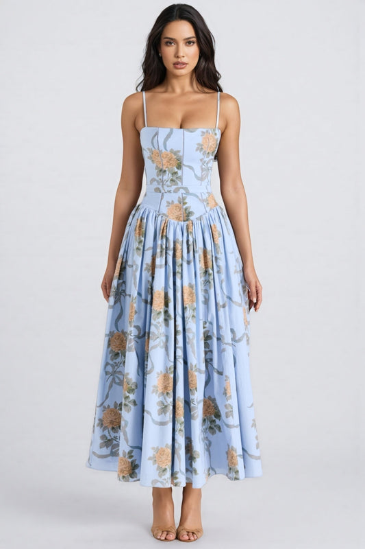 Gwend Blue Rose Print Cotton Midi Dress