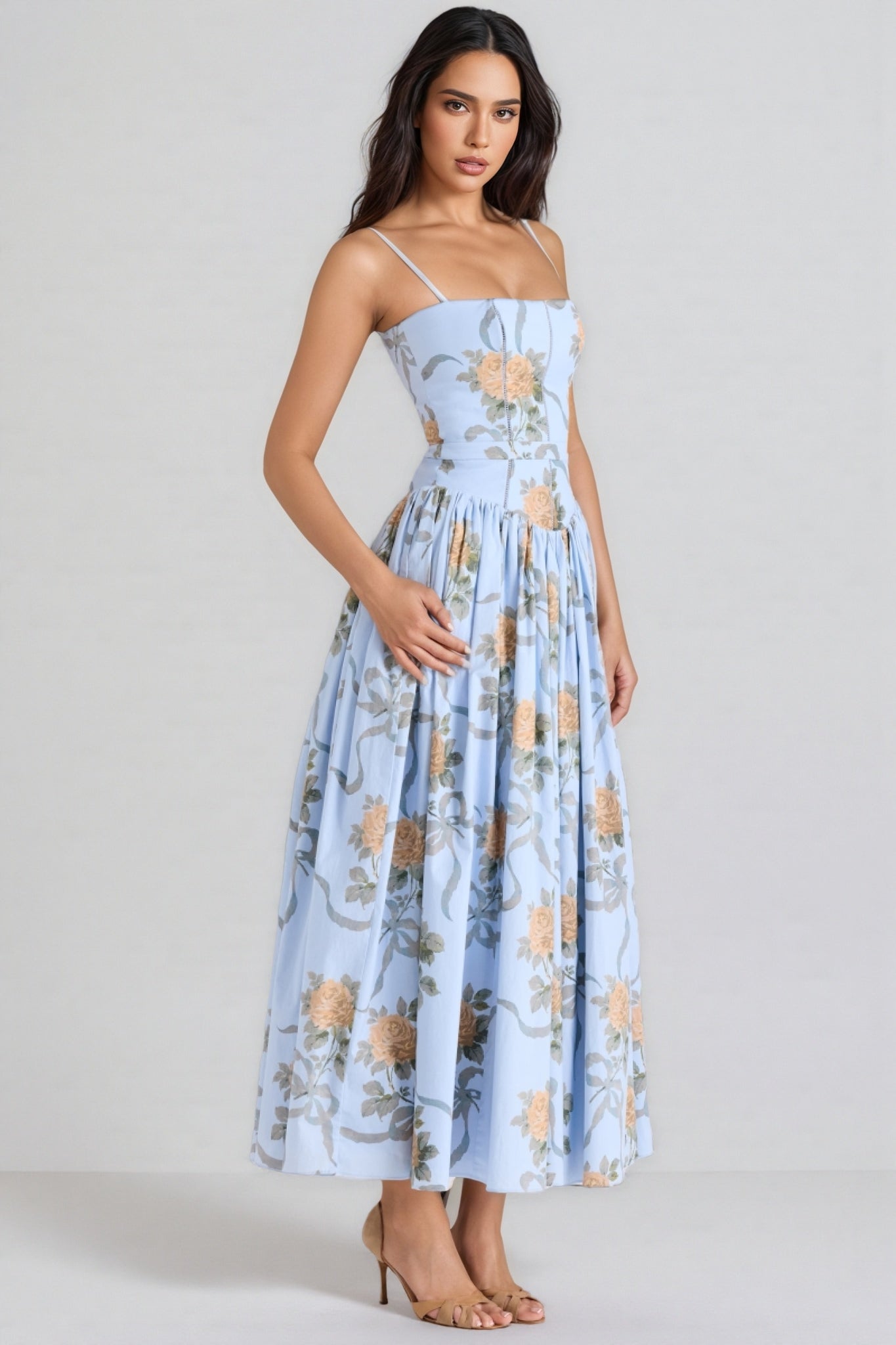 Gwend Blue Rose Print Cotton Midi Dress