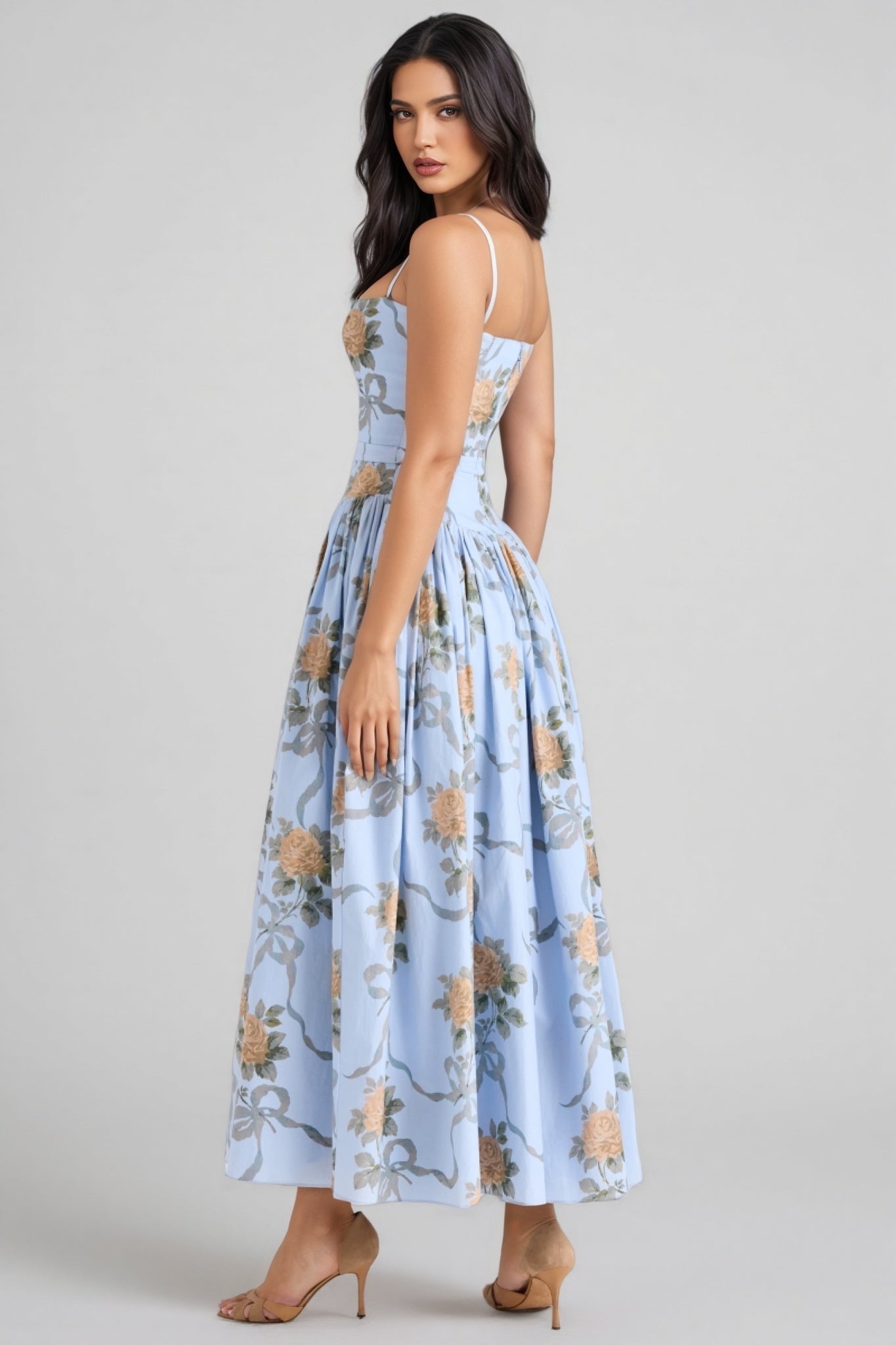 Gwend Blue Rose Print Cotton Midi Dress