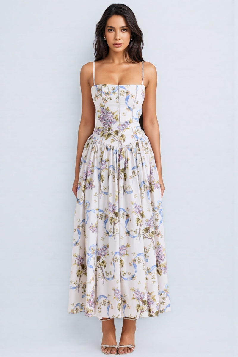 Zechariah White Ribbon Print Cotton Midi Dress