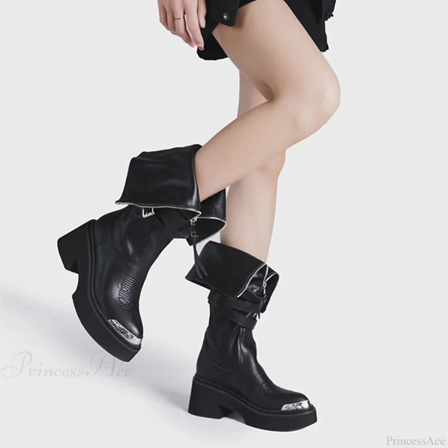 Zipper Dark Knee-high Motorcycle Wedge Boot
